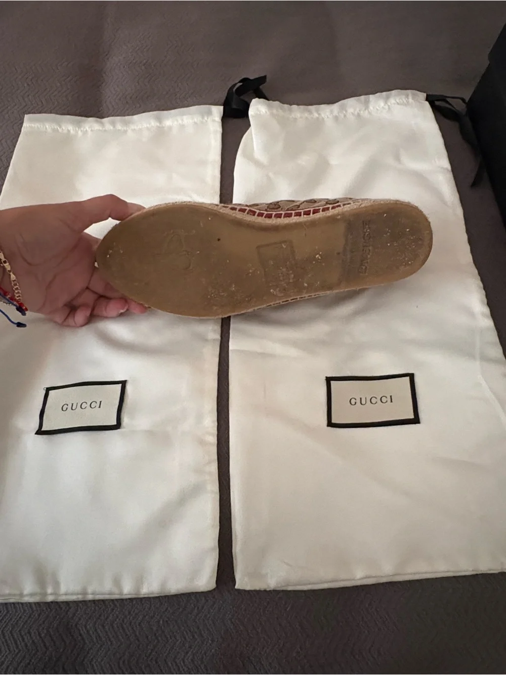 Gucci Beige Monogram Espadrilles with Red Trim and Gold GG